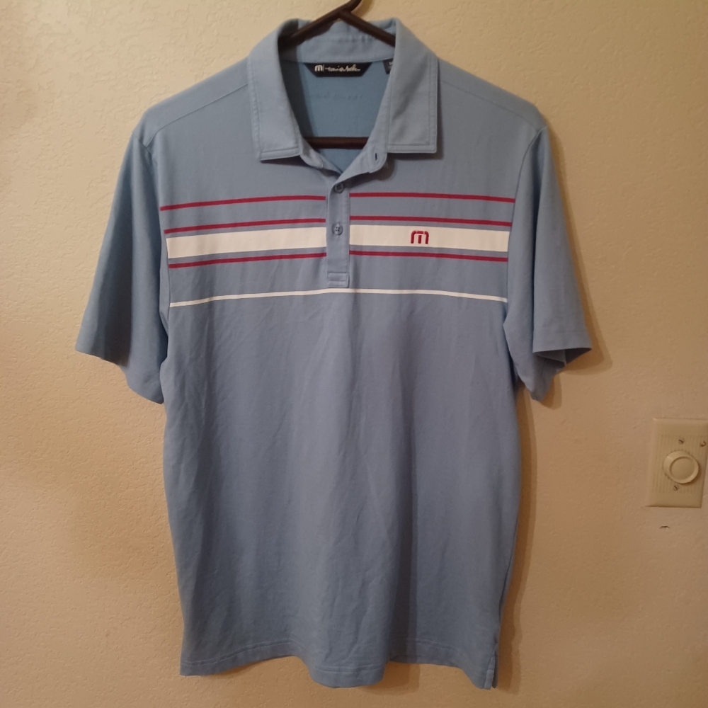 Travis Mathew Men's Golf Polo M Blue Red White Stripe Performance Shirt